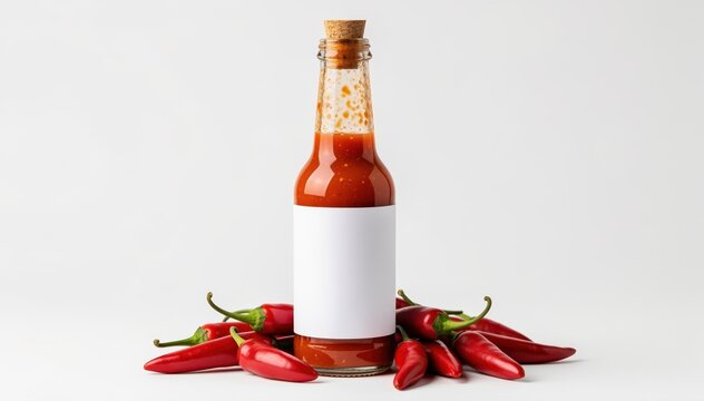 Fiery Elixir: A vibrant bottle of spicy chili sauce, artfully arranged with a ring of fiery chili peppers, stands ready to ignite culinary creations. 