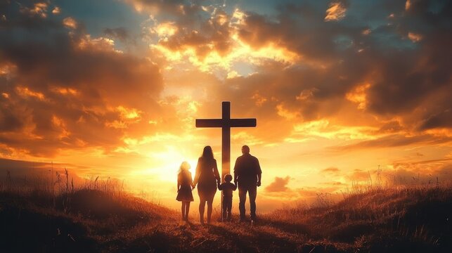 Silhouetted family of four holding hands walking toward a large cross on a grassy hill at a golden sunset with dramatic clouds, conveying reverence, hope and serene unity