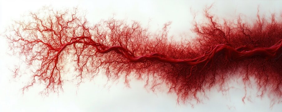 thick twisted crimson trunk with extensive delicate branching filaments spreading horizontally across a white background, intricate and eerie organic network