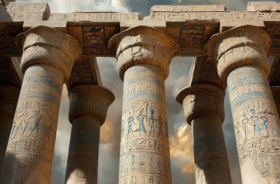 Ancient stone columns carved with hieroglyphs support a carved lintel under a dramatic cloudy sky, evoking temple ruins and timeless architecture