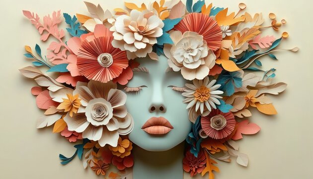 serene stylized female face with closed eyes and soft lips surrounded by layered paper flowers and leaves in pastel coral, cream, orange and teal forming an ornate floral crown