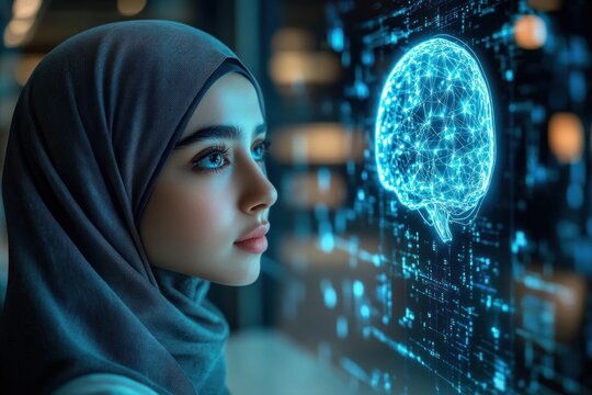 Woman wearing a hijab gazing thoughtfully at a glowing blue digital brain hologram and complex data interface, conveying curiosity and focused concentration