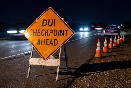 DUI Checkpoint Ahead sign on a dark road at night