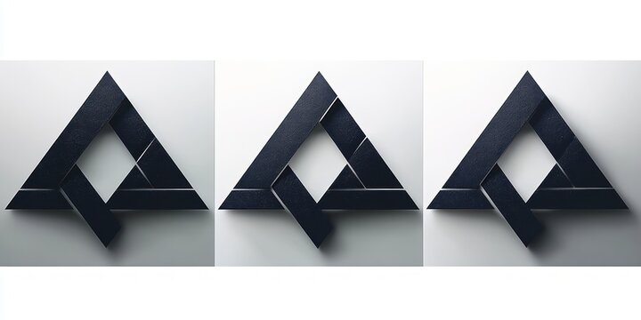 three identical dark metallic interlocking triangular ribbon forms arranged in a row on a pale gray background, minimalist and enigmatic
