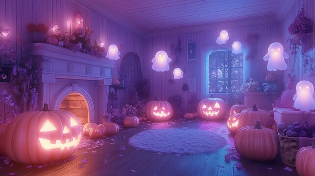 cozy whimsical halloween living room with glowing carved pumpkins, floating friendly ghost lights, warm fireplace, soft purple glow and autumn decorations