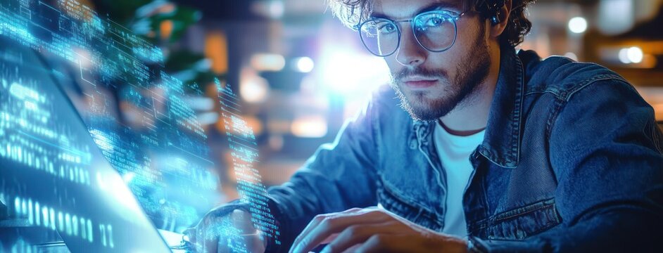 A person in a denim jacket types on a laptop as blue neon code and holographic displays cast a futuristic glow around a nighttime workstation.