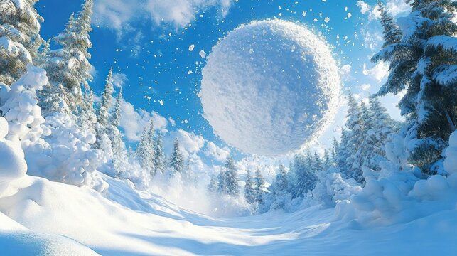 enormous floating snow sphere above a sunlit snow-covered pine forest with deep snowdrifts and falling snowflakes, evoking wonder and whimsy