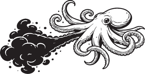 Octopus defensive ink release black and white line art cephalopod marine animal illustration © Nguyen