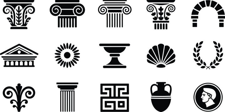 Classical architecture silhouettes, Greek Roman design icons, Corinthian Doric Ionic capitals, laurel wreath, amphora pottery, pediment arch, decorative motifs