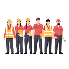 Obraz premium Construction Workers Team Illustration Stock Image Blueprint Plans Safety Gear Uniforms Hard Hats Orange Vests Engineering Crew Vector Graphic