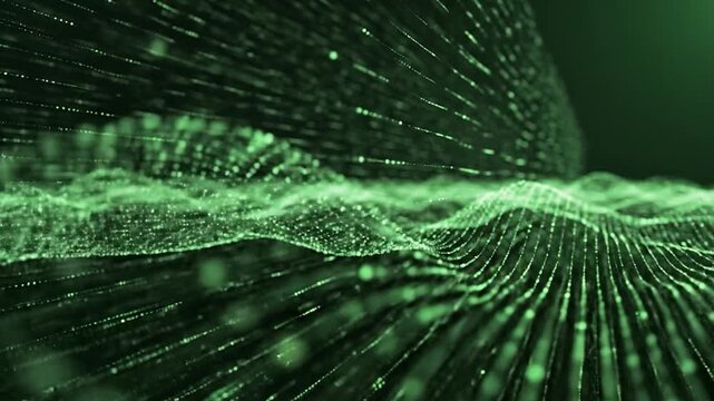 Abstract digital wave pattern with glowing particles in a dark environment