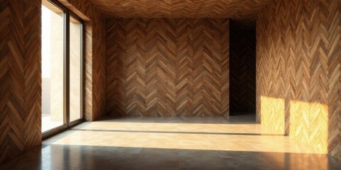 Fototapeta premium Sunlit Modern Room with Herringbone Wood Walls and Floor