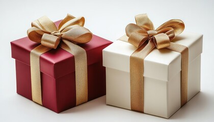 Obraz premium Two elegant gift boxes with gold ribbons and bows, one red and one ivory, conveying a festive, celebratory and luxurious mood