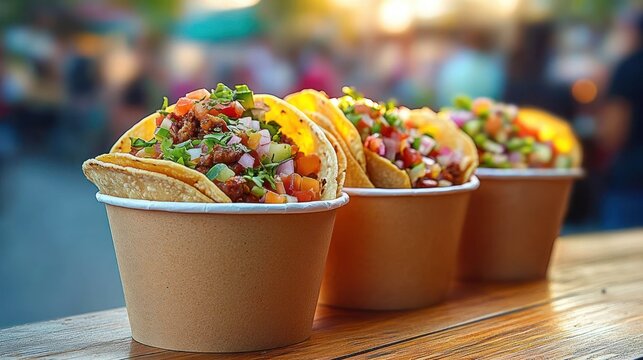 Three vibrant street tacos in paper cups on a wooden table topped with fresh pico de gallo, onions and cilantro at a lively outdoor market &mdash; colorful and appetizing