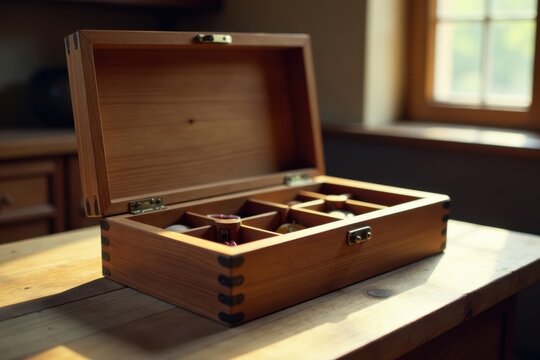 A handcrafted wooden keepsake box with partitioned compartments, showcasing various small items, bathed in sunlight on a rustic wooden surface