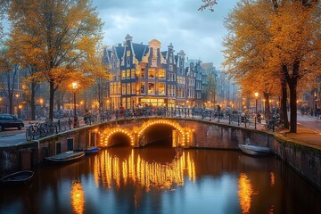 Fototapeta premium Twilight canal scene with illuminated arched bridge, glowing water reflections, narrow gabled canal houses, bicycles, boats and autumn trees, cozy romantic mood