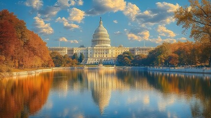 Obraz premium Majestic domed capitol building reflected in a calm pool framed by autumn trees under a golden blue sky