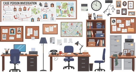 Police Investigation Office Interior with Case Board, Maps, Desks, Filing Cabinet, Bookshelf, Computer Workstations, and Detective Workspace Elements