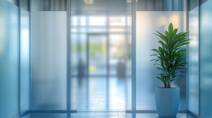 Fototapeta premium Minimal modern office corridor with frosted glass walls, tiled floor and a green potted plant bathed in soft natural light conveying a calm, bright atmosphere