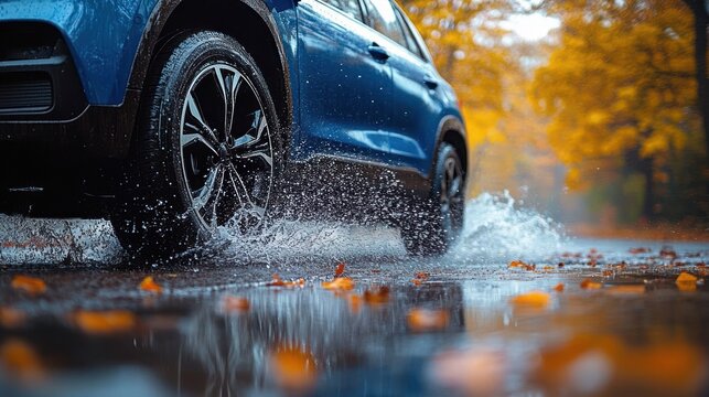 blue car wheel splashing through a puddle on a reflective wet road, scattering orange autumn leaves beneath blurred golden trees &mdash; dynamic rainy autumn motion
