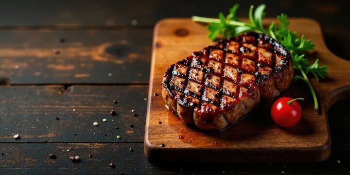Grilled meat steak on wooden board with herbs and pepper
