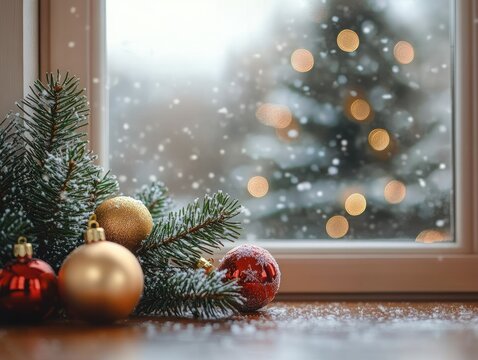 festive pine branches with red and gold ornaments dusted with snow on a windowsill, warm bokeh lights and falling snow creating a cozy peaceful holiday scene