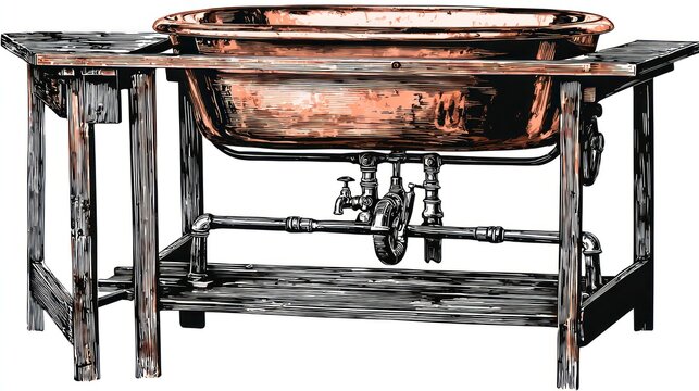 Vintage copper bathtub on wooden stand illustration for design elements