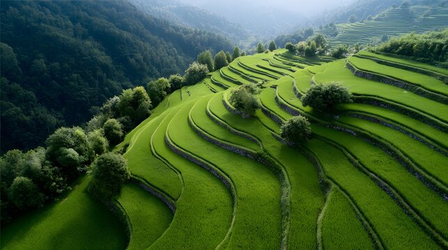 Vibrant green terraced rice fields curve along a mountainside with lush trees