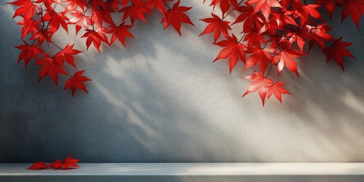 Quiet autumn composition: vibrant red maple leaves hanging over a textured gray wall, soft sunlight and shadows on a simple ledge with two fallen leaves evoking calm reflection