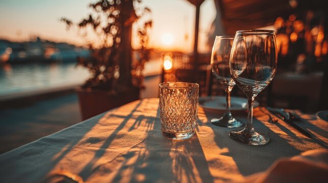 Sunset Dining: Wine Glasses, Romantic Dinner, Golden Hour