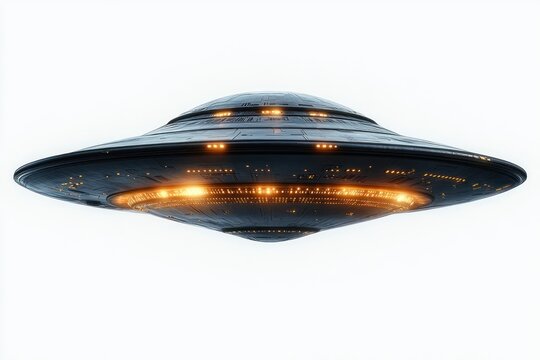 sleek metallic disc-shaped flying saucer hovering with glowing orange circular lights, emitting an eerie mysterious and awe-inspiring presence against a bright background