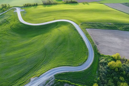 Aerial view of a winding country road cutting through sunlit rolling green fields with a plowed patch and a small cluster of trees, serene and peaceful