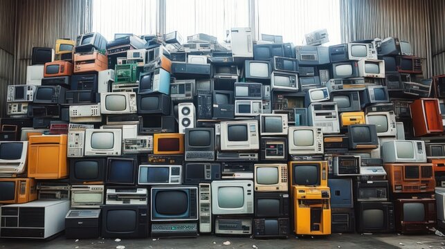 massive wall of stacked vintage televisions, crt monitors, radios and audio equipment in a warehouse, nostalgic clutter and retro decay