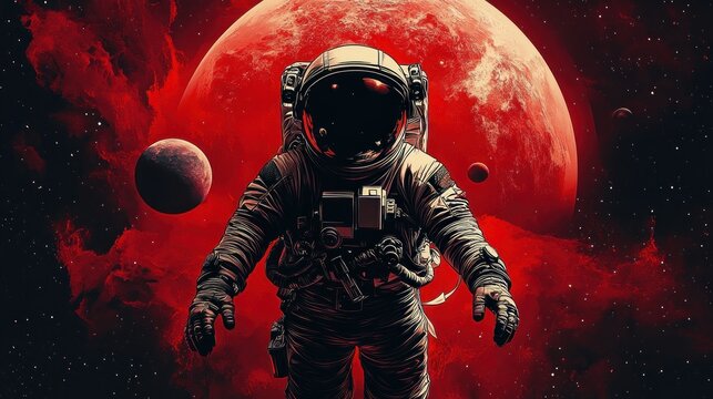 lone astronaut floating in space before a massive red planet and smaller moons, surrounded by stars and red nebula, dramatic and awe-inspiring yet ominous mood