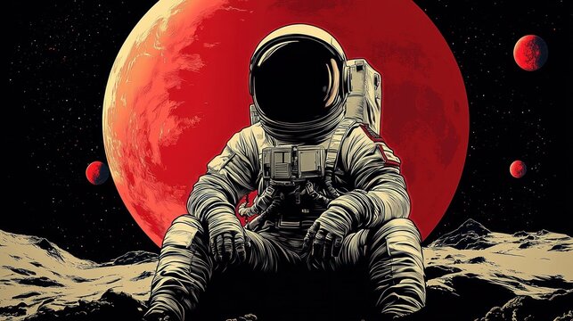 Solitary astronaut sitting on rocky alien surface beneath a giant red planet, contemplative and awed in a starry cosmic void