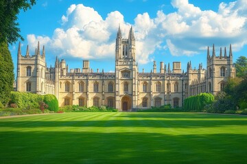 Fototapeta premium Sunny tranquil scene of a grand historic gothic stone college building with towers and spires facing a perfectly manicured green lawn, framed by trees and hedges under blue sky and fluffy clouds