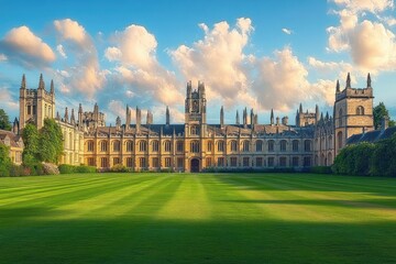Fototapeta premium Sunlit historic gothic campus building with towers and sweeping manicured lawn beneath a dramatic cloud-filled blue sky, serene and majestic mood