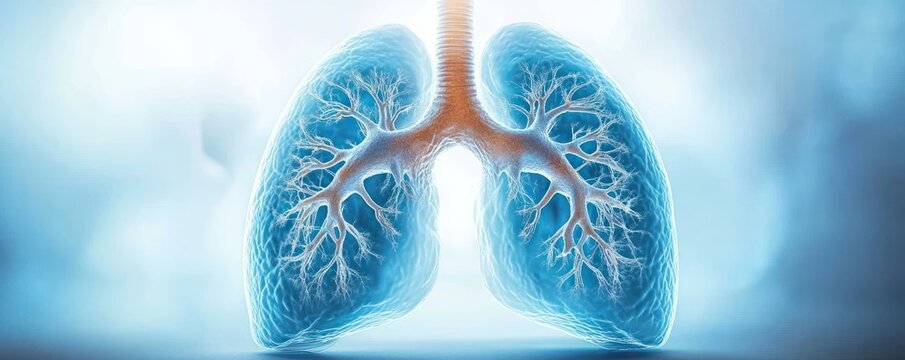 glowing blue human lungs with branching bronchi and trachea, luminous healthy anatomy conveying breath, vitality and clarity