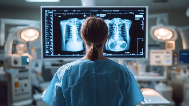 medical professional in surgical gown viewing chest x-ray images on a large monitor in a dim operating room, focused and concerned