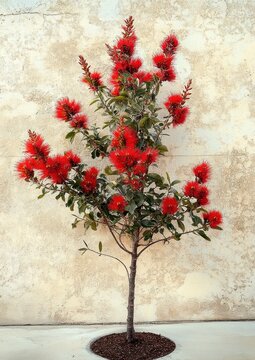 Small red-flowering bottlebrush tree in circular mulch bed against a weathered pale stucco wall, vibrant and serene minimalist garden scene