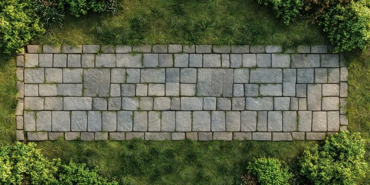 overhead view of a rectangular stone pathway with weathered square slabs, grass sprouting between joints and leafy shrubs edging the path, evoking a peaceful serene garden atmosphere