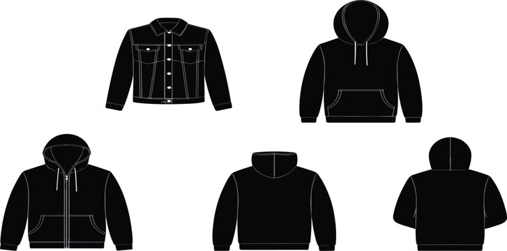 Black Silhouette Fashion Flat Sketches Of Denim Jacket And Hoodies On White Background drawing