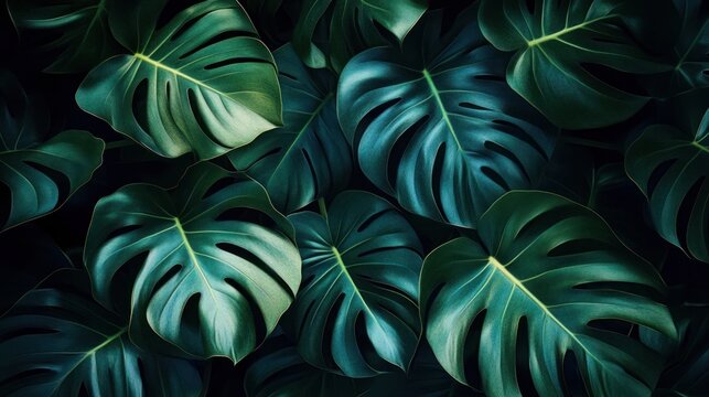 Dense collage of overlapping monstera leaves with glossy emerald surfaces and a moody dark backdrop