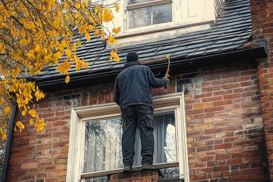 person in dark work clothes standing on a lower window ledge cleaning a slate roof gutter of a red brick house with two windows and yellow autumn leaves, focused and cautious