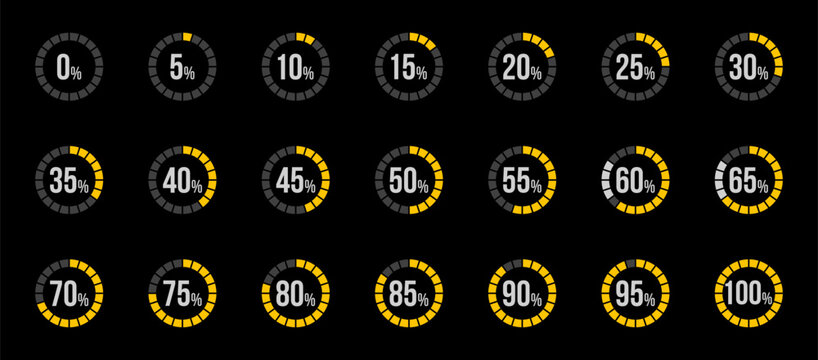 yellow circle percentage diagrams set, progress bar, started 0 finished 100, increase 5, infographic elements collection, user interface vector illustration, pie chart dashboard