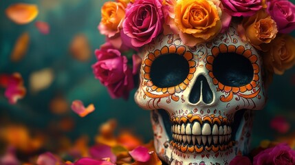 decorated skull with colorful rose and marigold crown, falling petals and ornate painted patterns, evoking festive remembrance and gentle melancholy