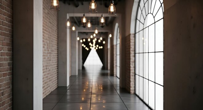 Modern corridor with arched windows and lights.