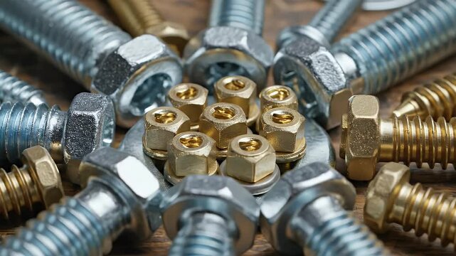 Metal hardware arrangement on wood surface, creating a radial composition