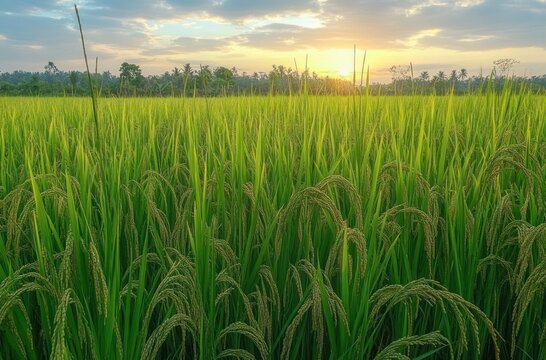 lush green rice field with ripening panicles bathed in golden sunrise light, distant tree line under soft cloudy sky, serene tranquil early morning scene