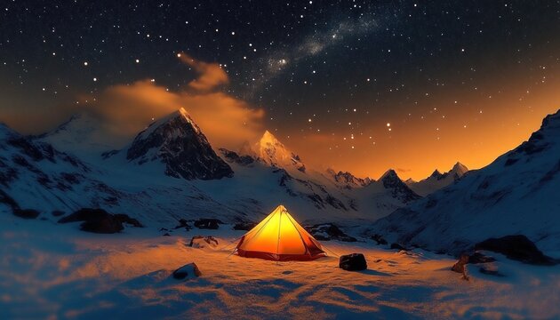 glowing orange tent on a snowy alpine plateau under a star-filled sky and jagged mountain peaks, peaceful awe and winter solitude